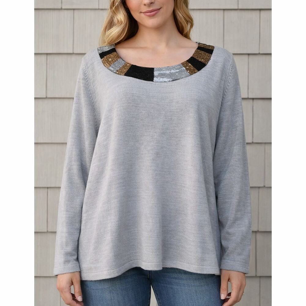 Mercer Street Studio Sweater Knit Top LARGE Gray Round Neck Sequins NEW Size XL
